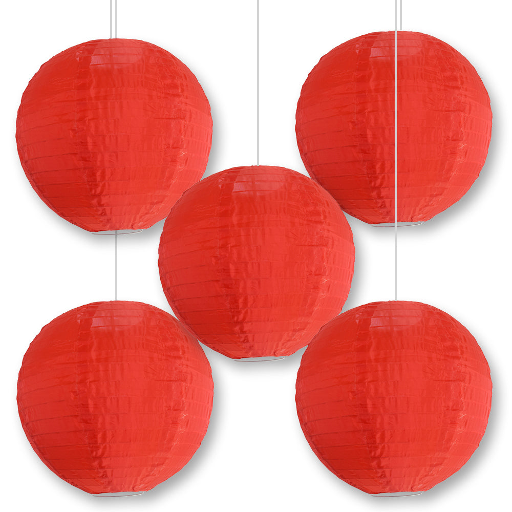 5 PACK | 14&quot; Red Shimmering Nylon Lantern, Even Ribbing, Durable, Hanging Decoration