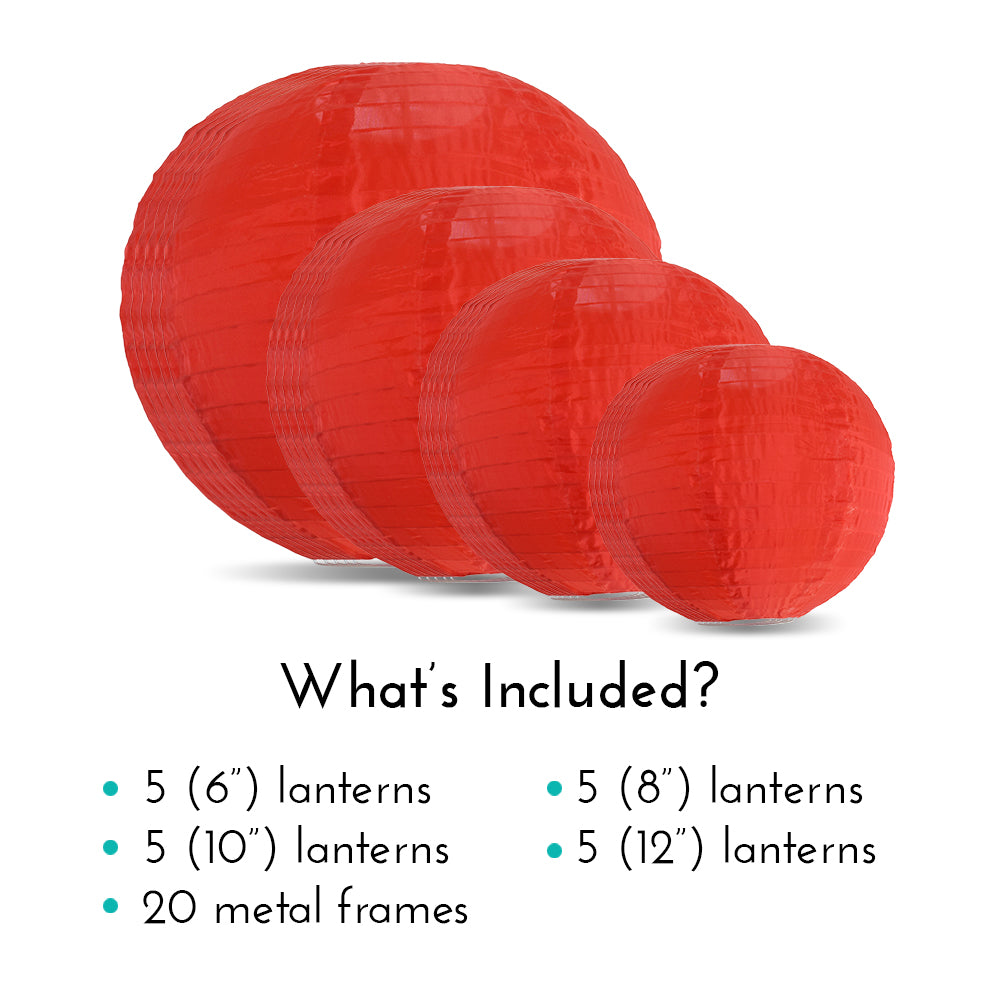 Ultimate 20-Piece Red Nylon Lantern Party Pack - Assorted Sizes of 6&quot;, 8&quot;, 10&quot;, 12&quot; (5 Round Lanterns Each) for Weddings, Events and Décor