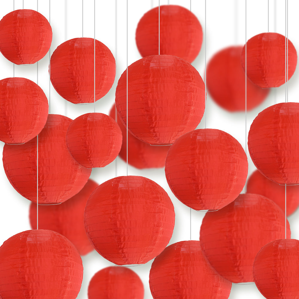 Ultimate 20-Piece Red Nylon Lantern Party Pack - Assorted Sizes of 6", 8", 10", 12" (5 Round Lanterns Each) for Weddings, Events and Décor