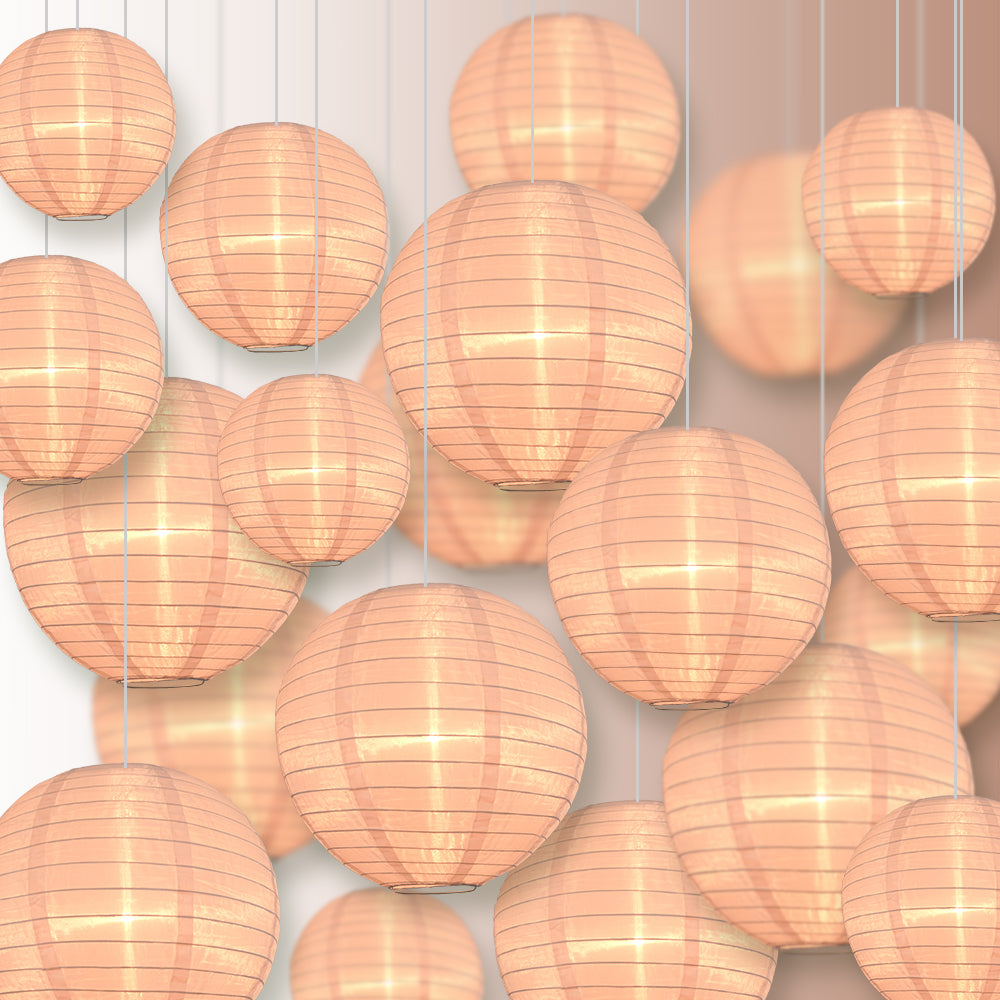 Ultimate 20-Piece Rose Quartz Pink Nylon Lantern Party Pack - Assorted Sizes of 6", 8", 10", 12" (5 Round Lanterns Each) for Weddings, Events and Décor