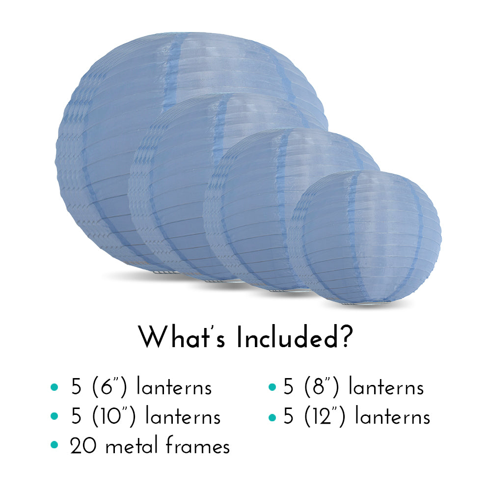 Ultimate 20-Piece Serenity Blue Nylon Lantern Party Pack - Assorted Sizes of 6&quot;, 8&quot;, 10&quot;, 12&quot; (5 Round Lanterns Each) for Weddings, Events and Décor