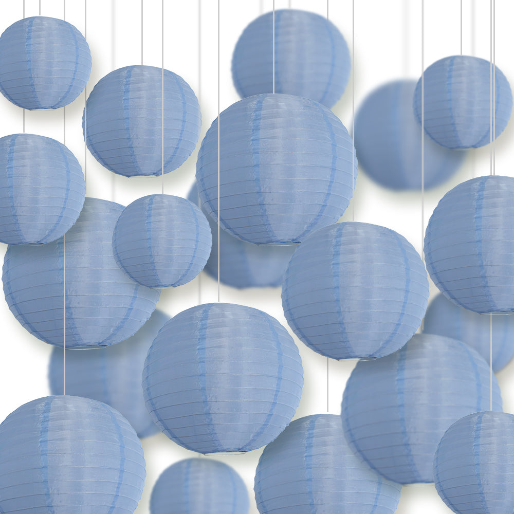 Ultimate 20-Piece Serenity Blue Nylon Lantern Party Pack - Assorted Sizes of 6&quot;, 8&quot;, 10&quot;, 12&quot; (5 Round Lanterns Each) for Weddings, Events and Décor