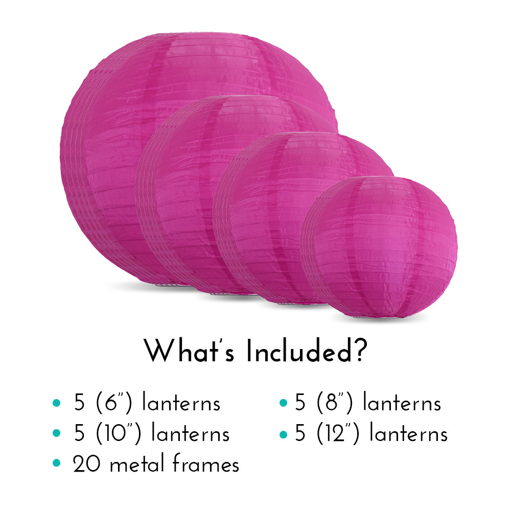 Ultimate 20-Piece Ultra Violet Nylon Lantern Party Pack - Assorted Sizes of 6&quot;, 8&quot;, 10&quot;, 12&quot; (5 Round Lanterns Each) for Weddings, Events and Décor