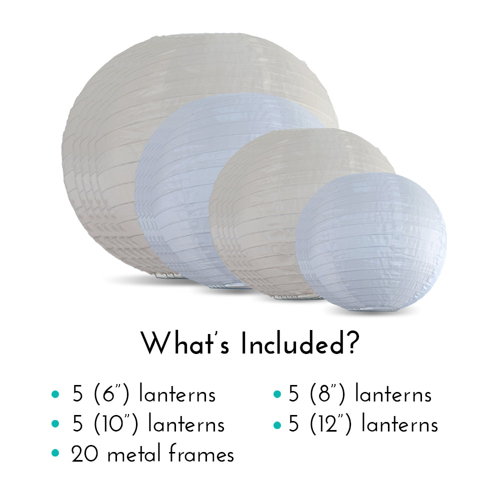 Ultimate 20-Piece White Variety Nylon Lantern Party Pack - Assorted Sizes of 6&quot;, 8&quot;, 10&quot;, 12&quot; (5 Round Lanterns Each) for Weddings, Events and Décor