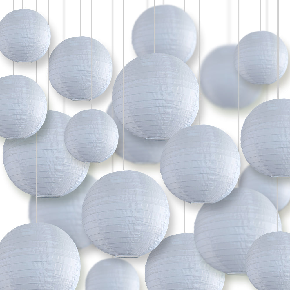 Ultimate 20-Piece White Nylon Lantern Party Pack - Assorted Sizes of 6", 8", 10", 12" (5 Round Lanterns Each) for Weddings, Events and Décor