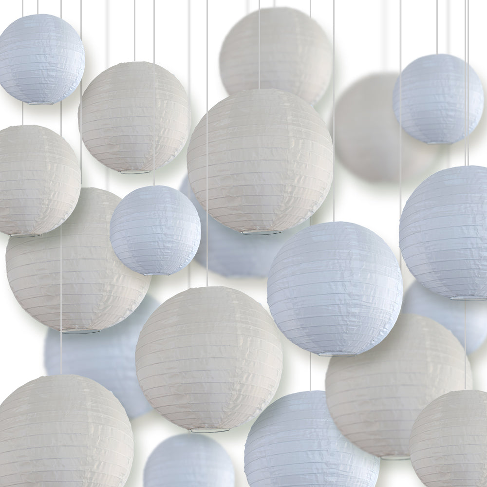 Ultimate 20-Piece White Variety Nylon Lantern Party Pack - Assorted Sizes of 6", 8", 10", 12" (5 Round Lanterns Each) for Weddings, Events and Décor