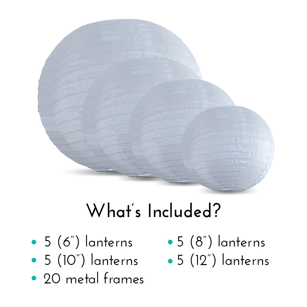 Ultimate 20-Piece White Nylon Lantern Party Pack - Assorted Sizes of 6&quot;, 8&quot;, 10&quot;, 12&quot; (5 Round Lanterns Each) for Weddings, Events and Décor