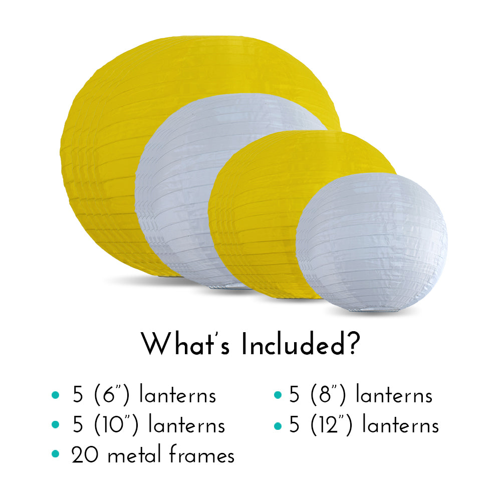 Ultimate 20-Piece Gold Variety Nylon Lantern Party Pack - Assorted Sizes of 6&quot;, 8&quot;, 10&quot;, 12&quot; (5 Round Lanterns Each) for Weddings, Events and Décor