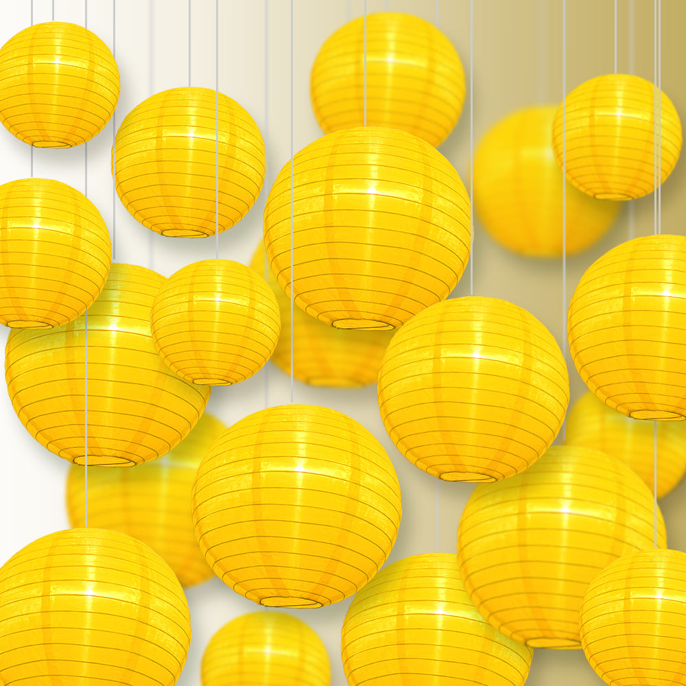 Ultimate 20-Piece Yellow Nylon Lantern Party Pack - Assorted Sizes of 6&quot;, 8&quot;, 10&quot;, 12&quot; (5 Round Lanterns Each) for Weddings, Events and Décor