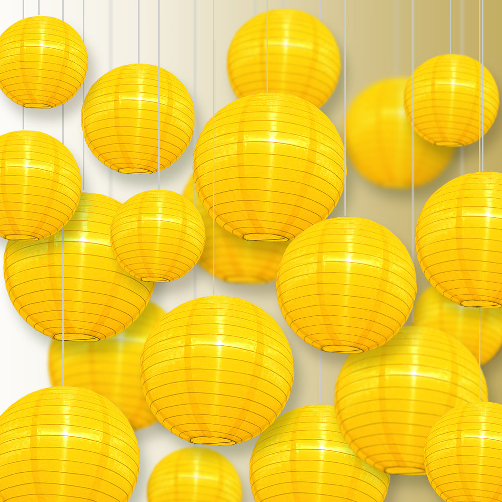 Ultimate 20-Piece Yellow Nylon Lantern Party Pack - Assorted Sizes of 6", 8", 10", 12" (5 Round Lanterns Each) for Weddings, Events and Décor