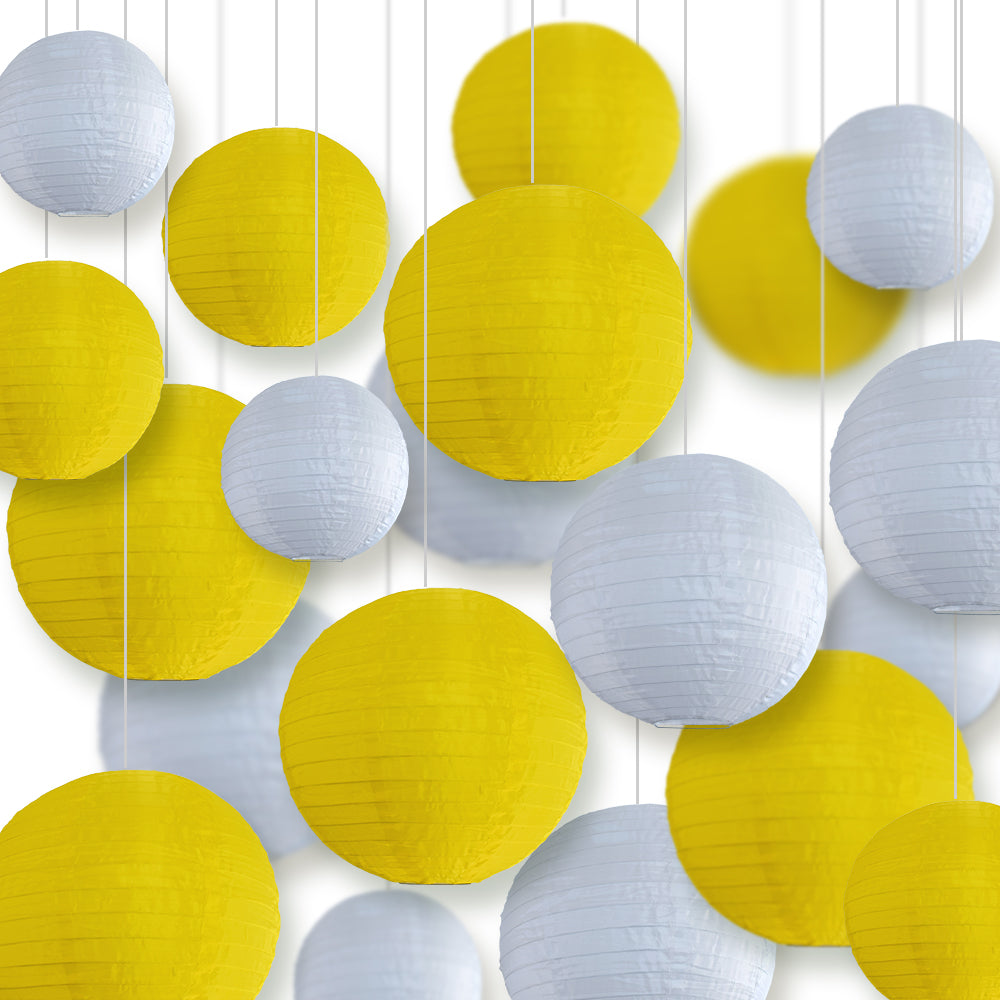Ultimate 20-Piece Yellow Variety Nylon Lantern Party Pack - Assorted Sizes of 6&quot;, 8&quot;, 10&quot;, 12&quot; (5 Round Lanterns Each) for Weddings, Events and Décor