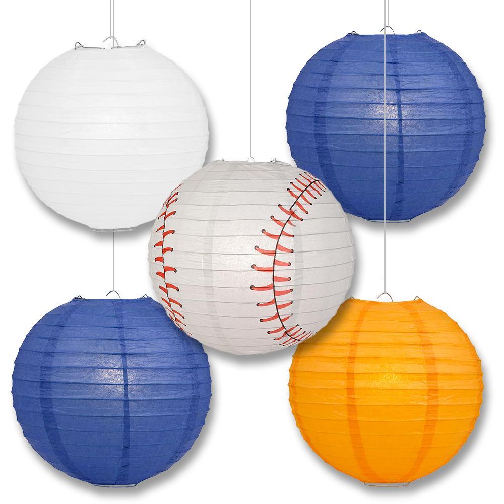 New York Pro Baseball 14-inch Paper Lanterns 5pc Combo Party Pack - Blue, Orange &amp; White - PaperLanternStore.com - Paper Lanterns, Decor, Party Lights &amp; More