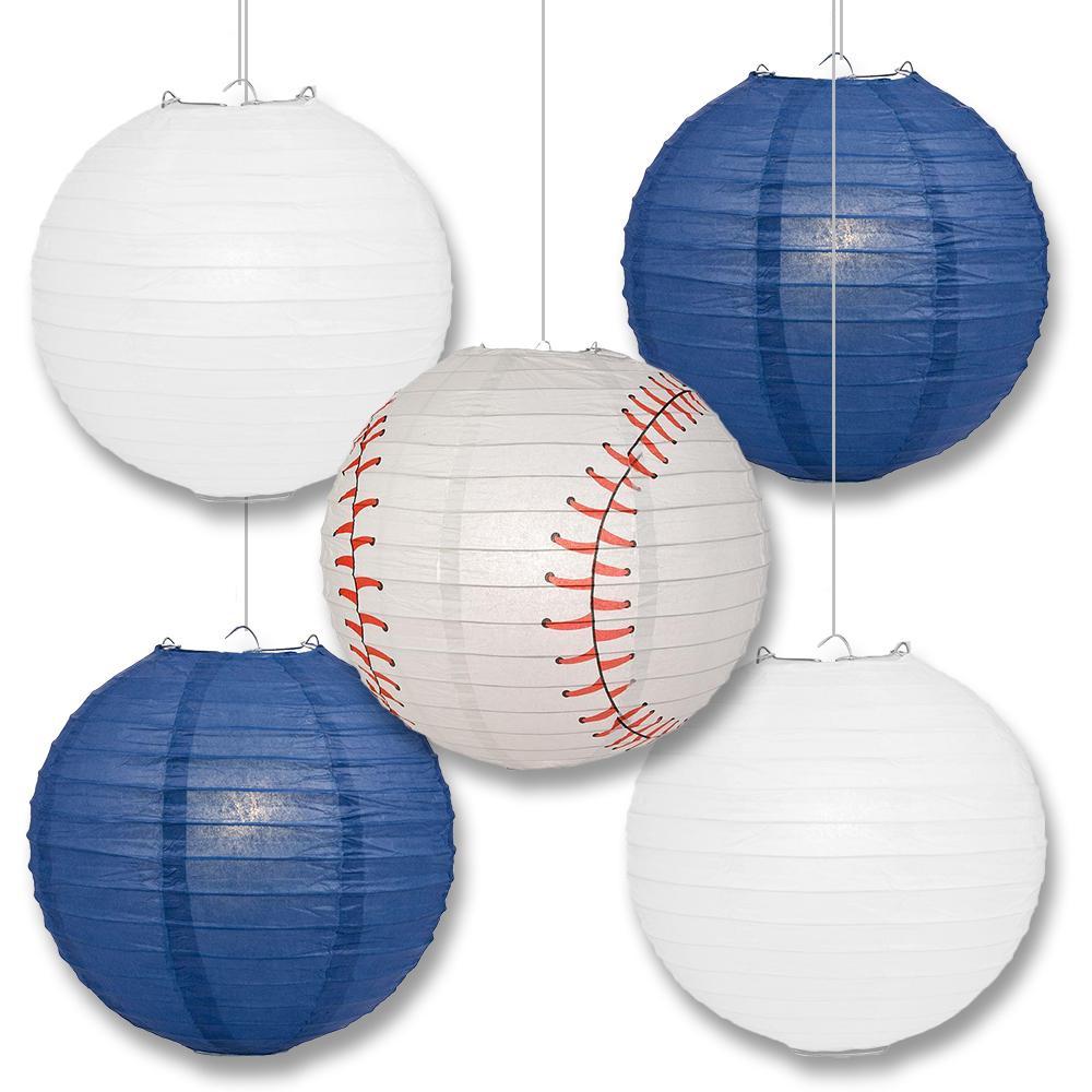 New York Pro Baseball 14-inch Paper Lanterns 5pc Combo Party Pack - White &amp; Navy Blue