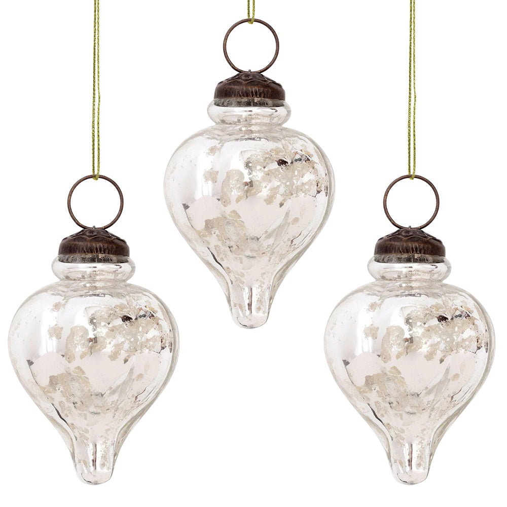 3-PACK | Mercury Glass Small Ornaments (3.25-inch, Silver, Carla Design)