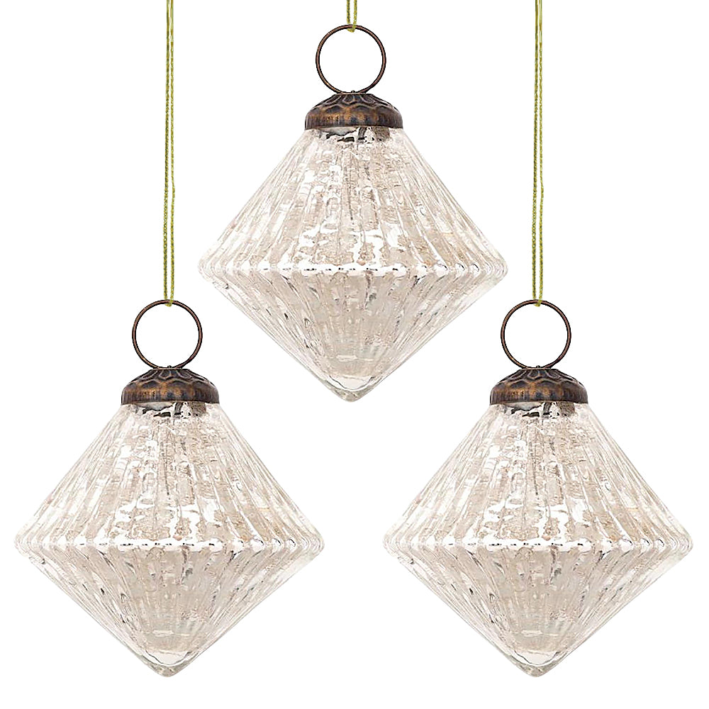 3-PACK | 3&quot; Silver Adele Mercury Glass Diamond Ornament Christmas Decoration