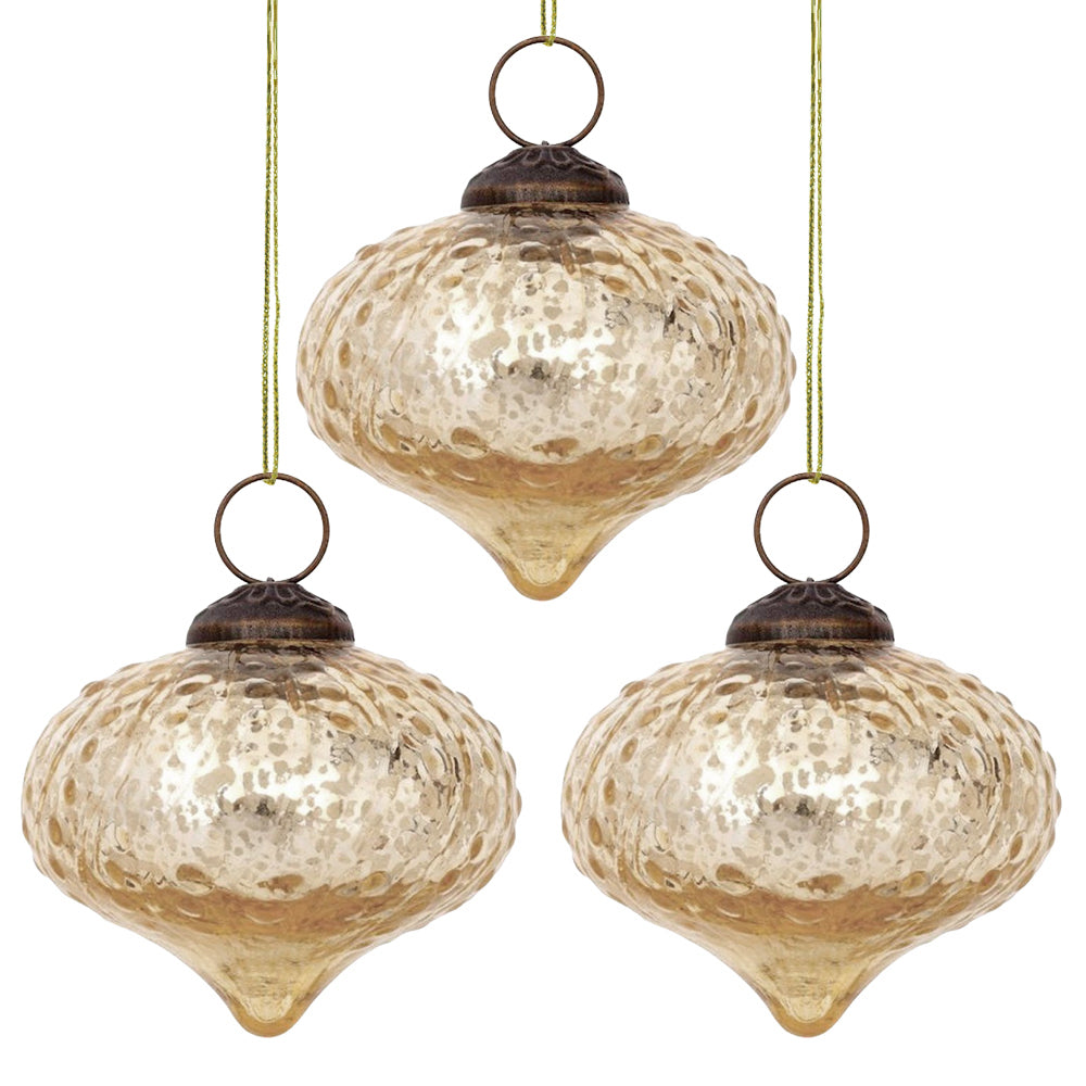 3-PACK | 2.75&quot; Gold Tania Mercury Glass Dotted Drop Ornament Christmas Decoration