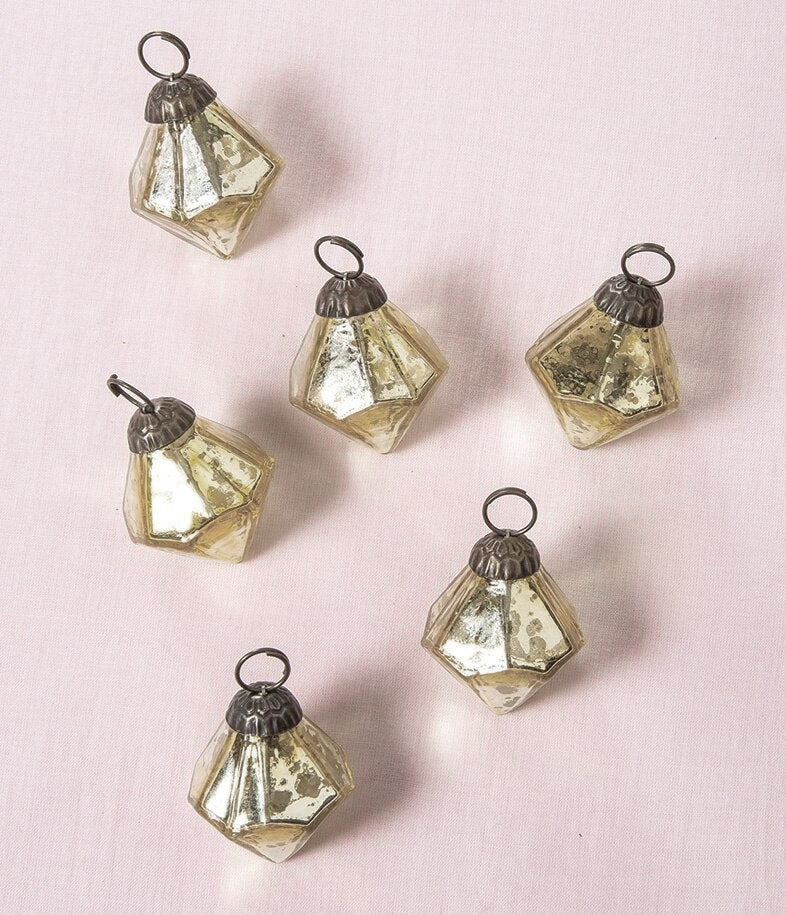 6 Pack | Mercury Glass Mini Ornaments (1.75-inch, Gold, Elizabeth Design) - Great Gift Idea, Vintage-Style Decorations for Christmas, Special Occasions, Home Decor and Parties