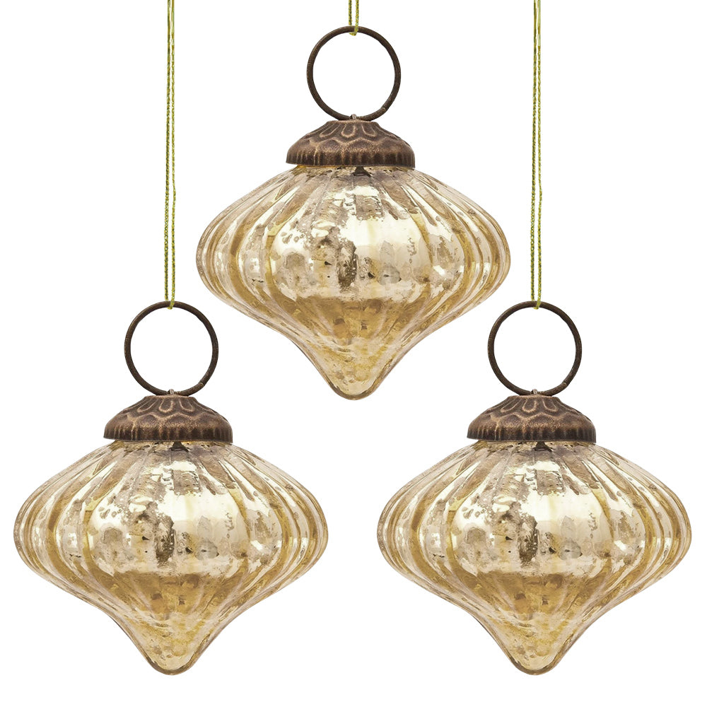 3-PACK | Small Mercury Glass Ornaments (2.5-inch, Gold, Lucy Design)