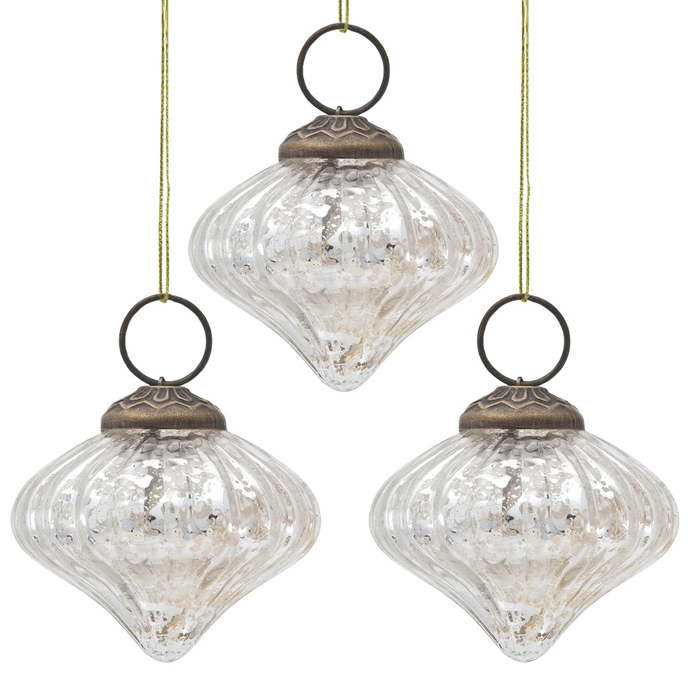 3-PACK | Mercury Glass Small Ornaments (2.5-inch, Silver, Lucy Design)