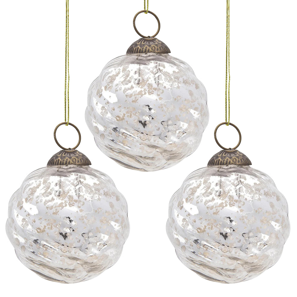 3-PACK | 3&quot; Silver Solene Mercury Glass Swirled Ball Ornament Christmas Decoration