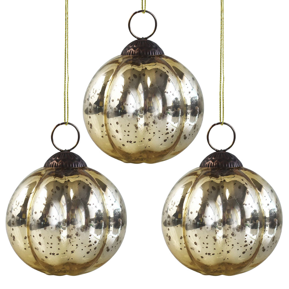 3-PACK | 3&quot; Gold Posey Mercury Glass Pumpkin Ornament Christmas Decoration
