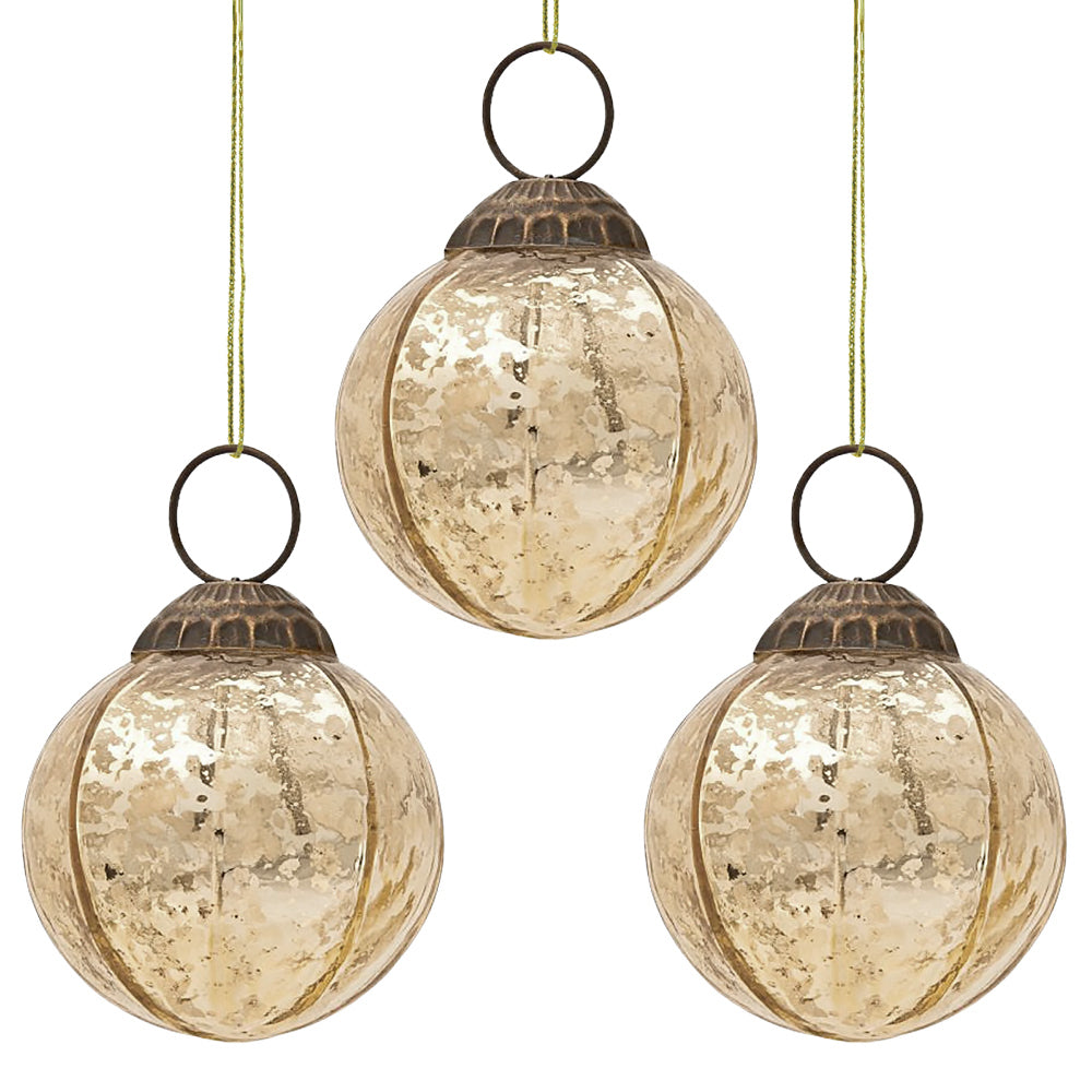 3-PACK | 3&quot; Gold Penina Mercury Glass Round Faceted Ornament Christmas Decoration