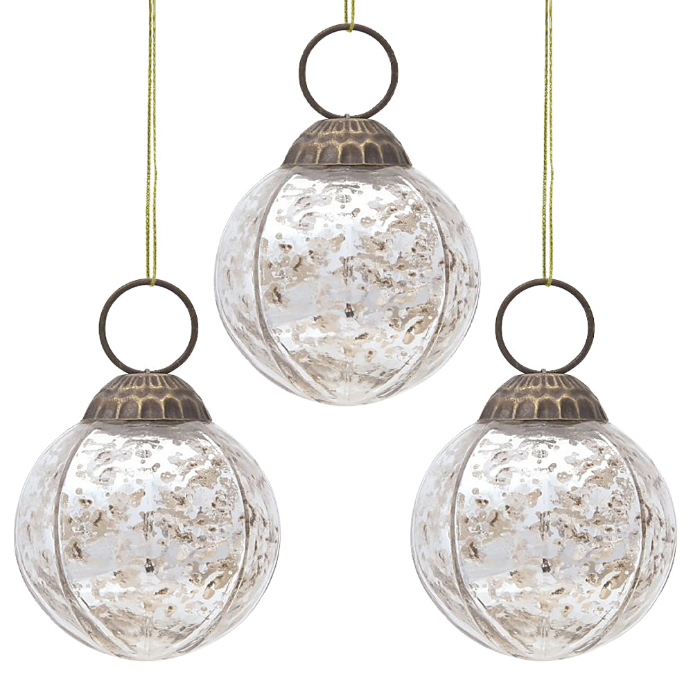 3-PACK | 3&quot; Silver Penina Mercury Glass Round Faceted Ornament Christmas Decoration