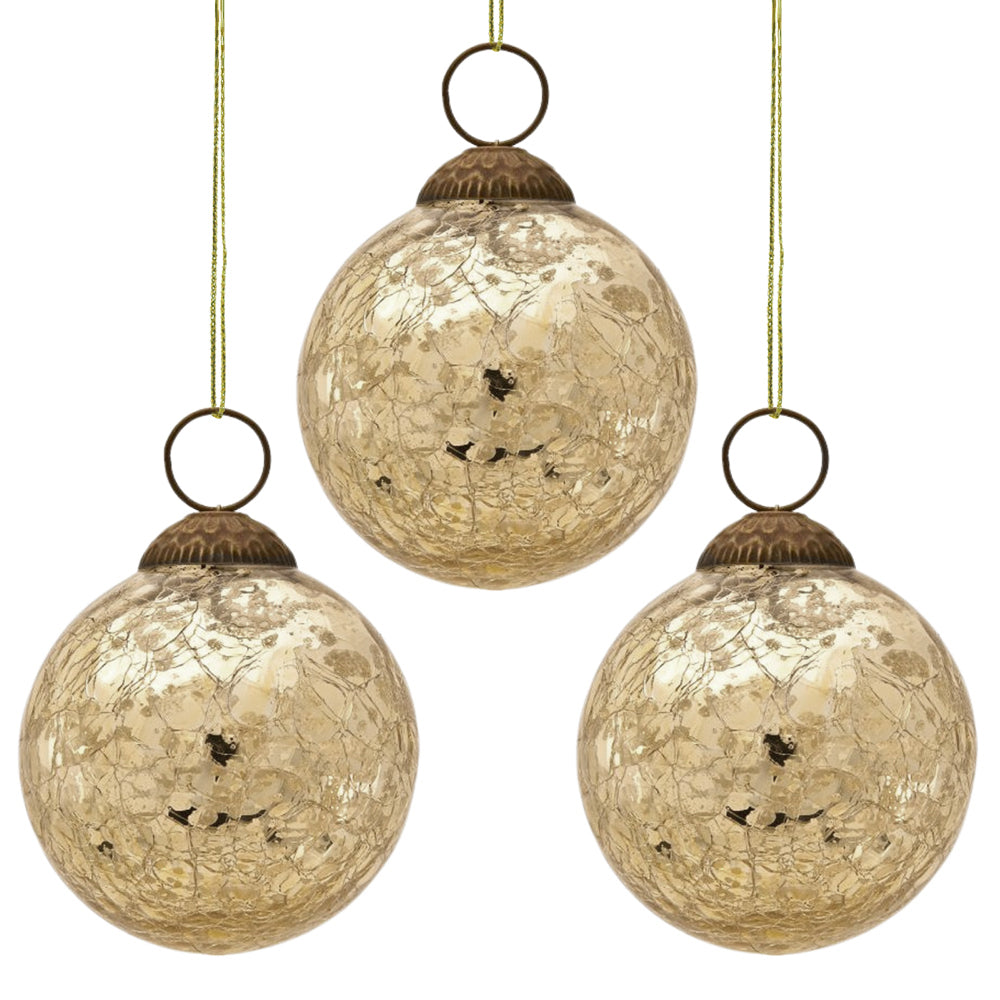 3-PACK | 3&quot; Gold Lana Mercury Crackle Ball Glass Ornament Christmas Tree Decoration