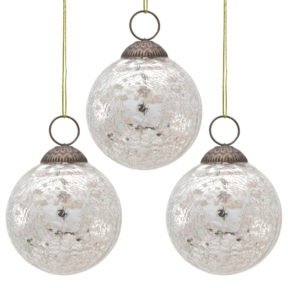 3-PACK | 3&quot; Silver Lana Mercury Crackle Ball Glass Ornament Christmas Tree Decoration