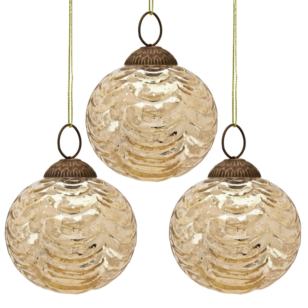 3-PACK | 2.5&quot; Gold Nola Mercury Glass Waved Ball Ornament Christmas Decoration