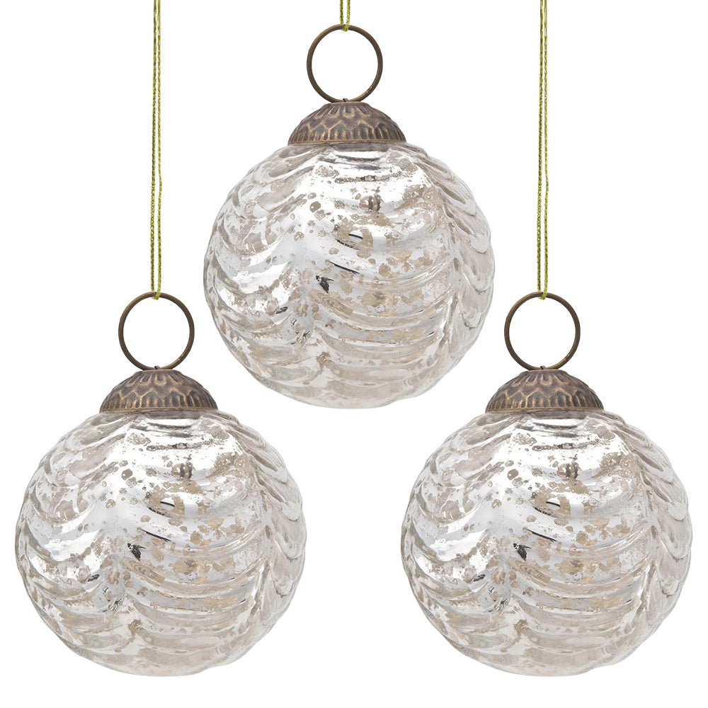 3-PACK | 2.5&quot; Silver Nola Mercury Glass Waved Ball Ornament Christmas Decoration