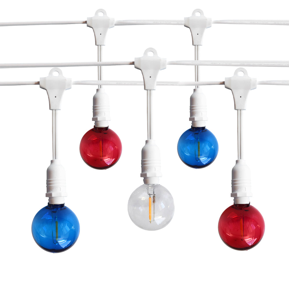 Shatterproof Globe LED Patriotic 4th of July Outdoor Suspended Commercial String Light, White Cord