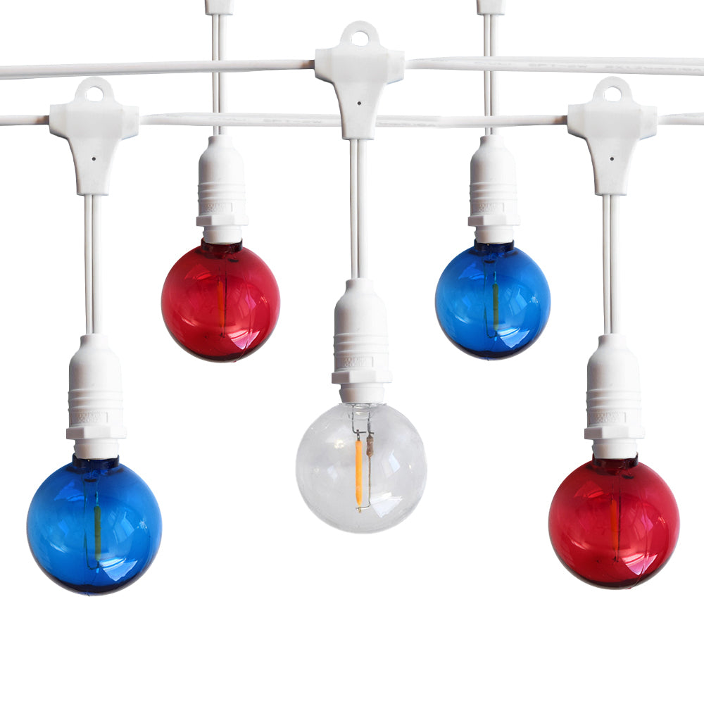 Shatterproof Globe LED Patriotic 4th of July Outdoor Suspended Commercial String Light, White Cord