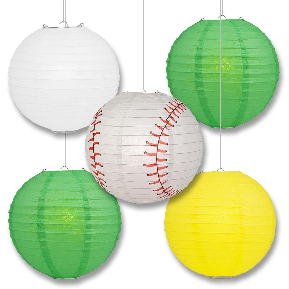 Oakland Pro Baseball 14-inch Paper Lanterns 5pc Combo Party Pack - Green, Yellow & White - PaperLanternStore.com - Paper Lanterns, Decor, Party Lights & More