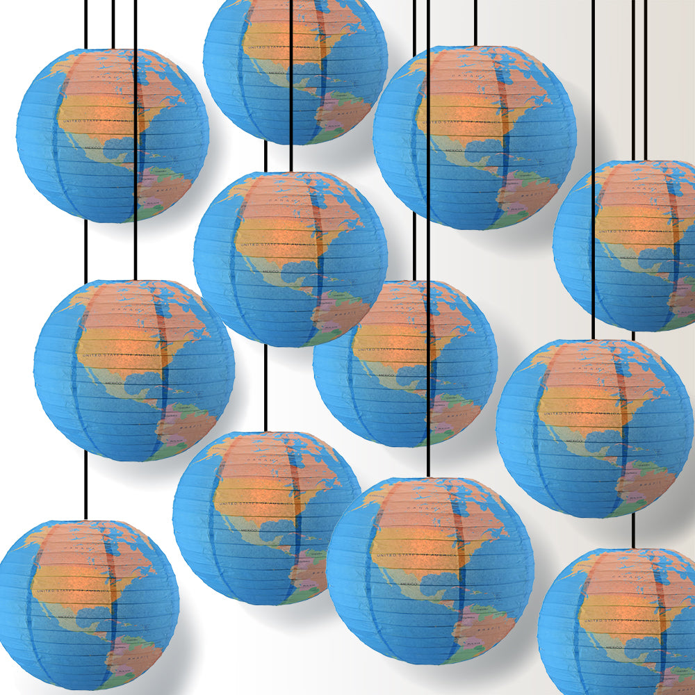 12 Pack | 14" Geographical World Map Earth Globe Paper Lantern Hanging Classroom & Party Decoration - PaperLanternStore.com - Paper Lanterns, Decor, Party Lights & More