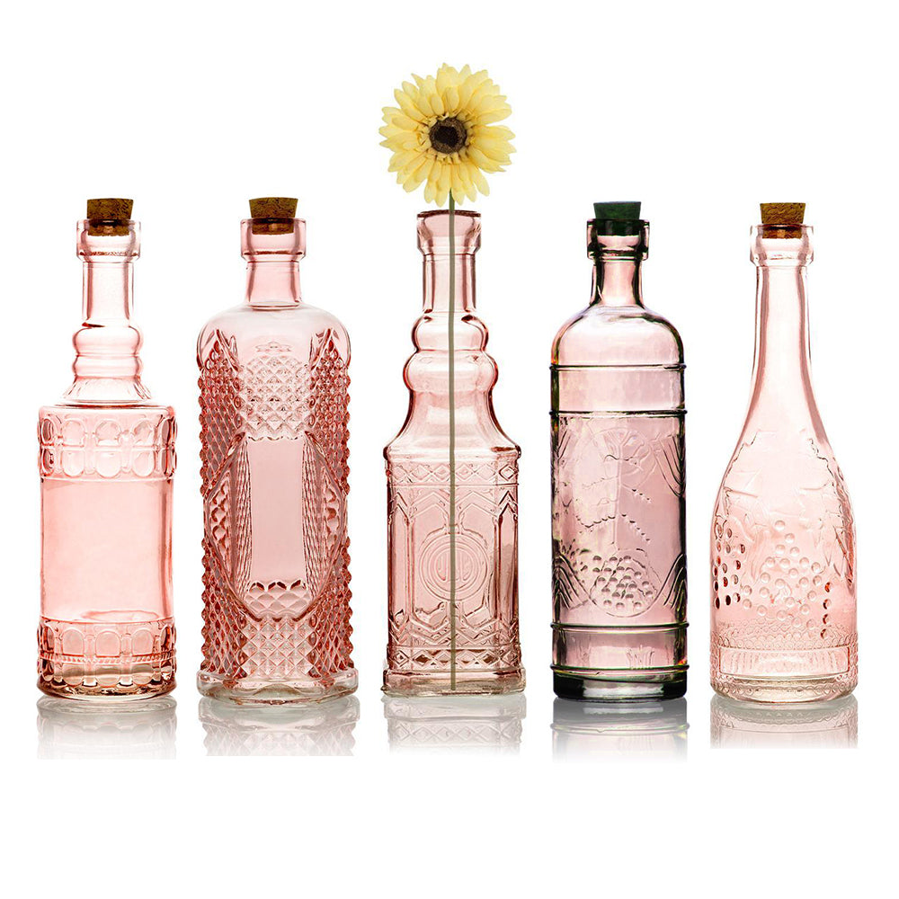 Bohemian Chic Pink Vintage Glass Bottles Set - (5 Pack, Assorted Designs)