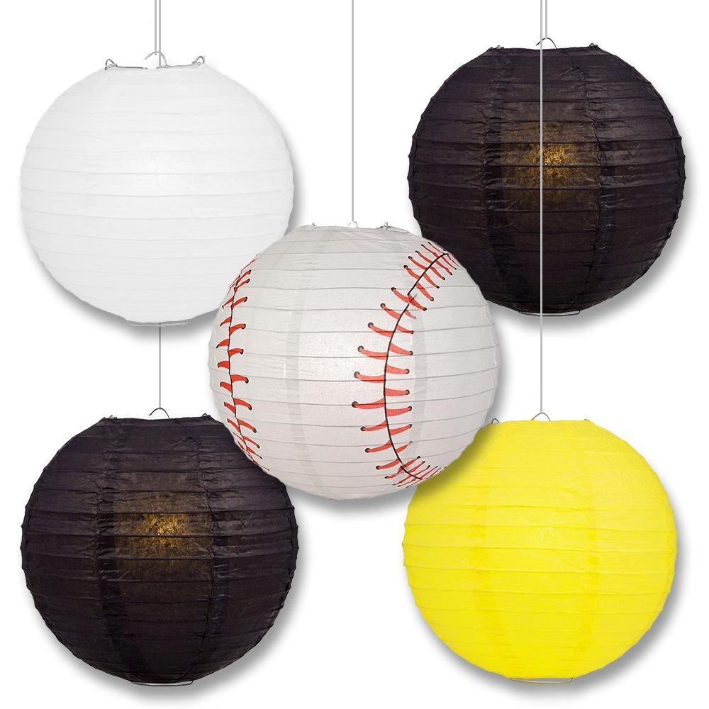 Pittsburgh Pro Baseball 14-inch Paper Lanterns 5pc Combo Party Pack - Black, Yellow &amp; White - PaperLanternStore.com - Paper Lanterns, Decor, Party Lights &amp; More