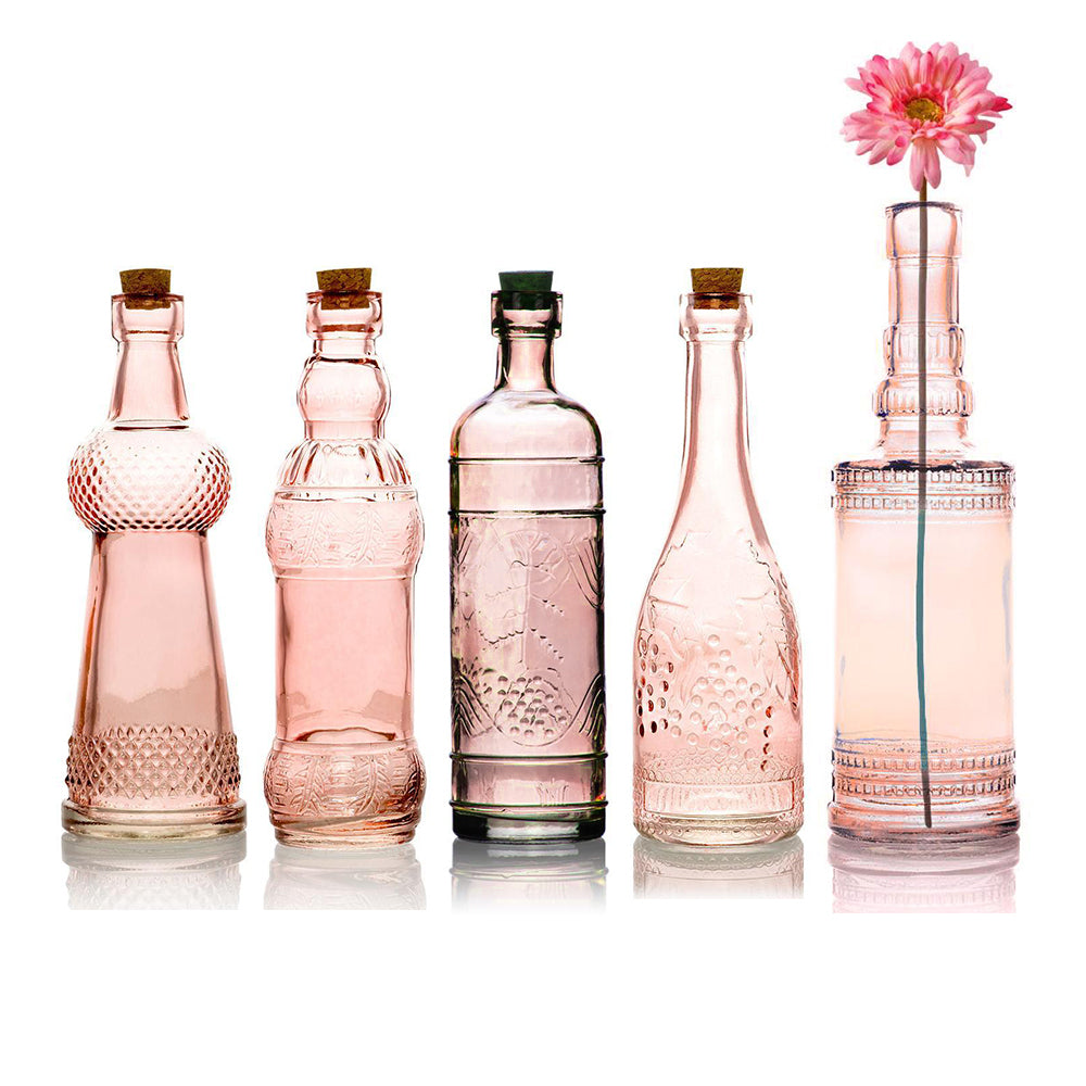 Royal Flush Pink Vintage Glass Bottles Set - (5 Pack, Assorted Designs)