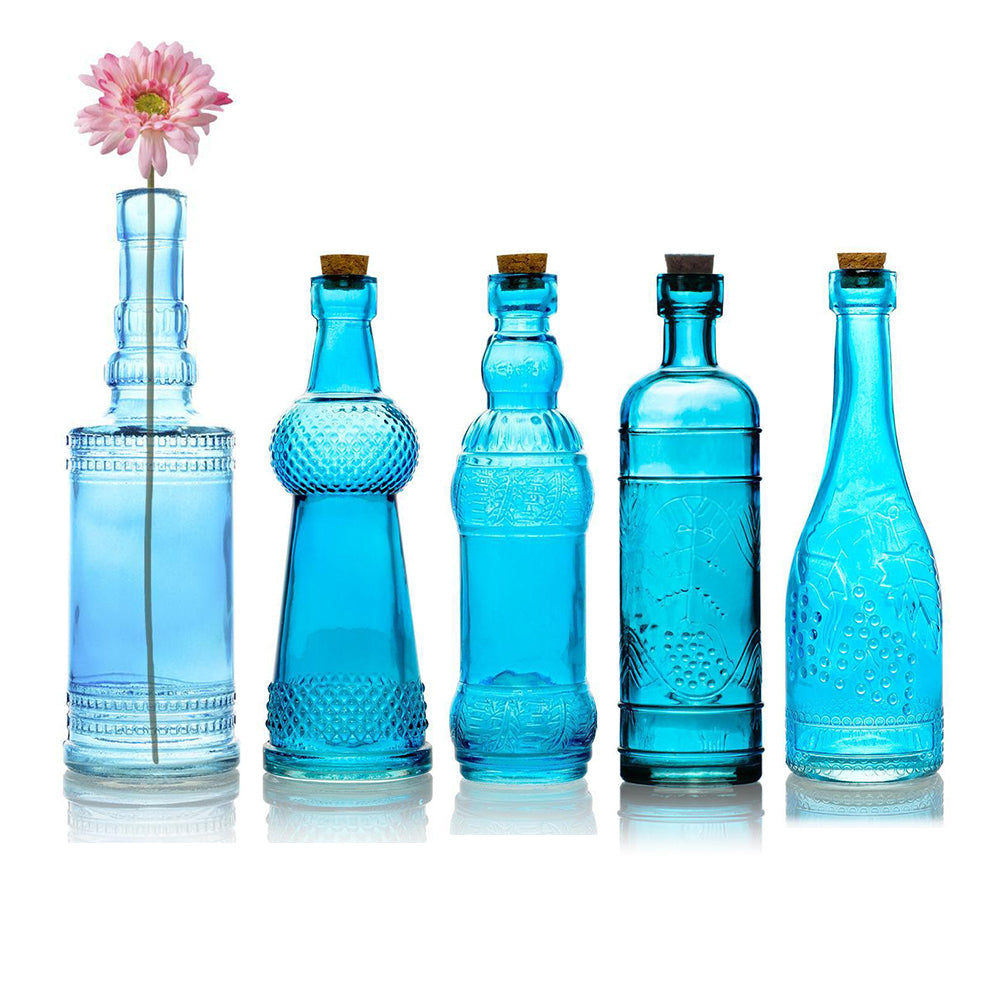 Royal Flush Turquoise Blue Vintage Glass Bottles Set - (5 Pack, Assort ...