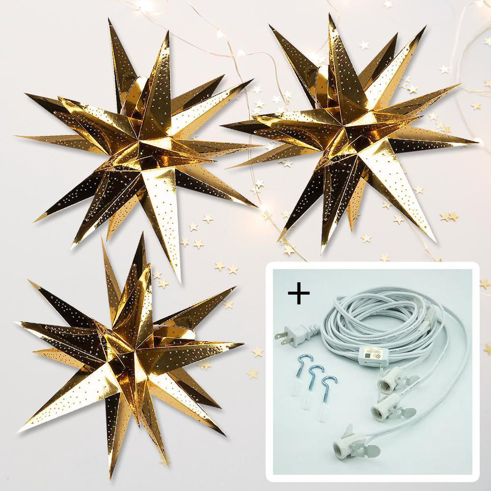 3-PACK + Cord | Gold Moravian Multi-Point 24&quot; Illuminated Paper Star Lanterns and Lamp Cord Hanging Decorations - PaperLanternStore.com - Paper Lanterns, Decor, Party Lights &amp; More