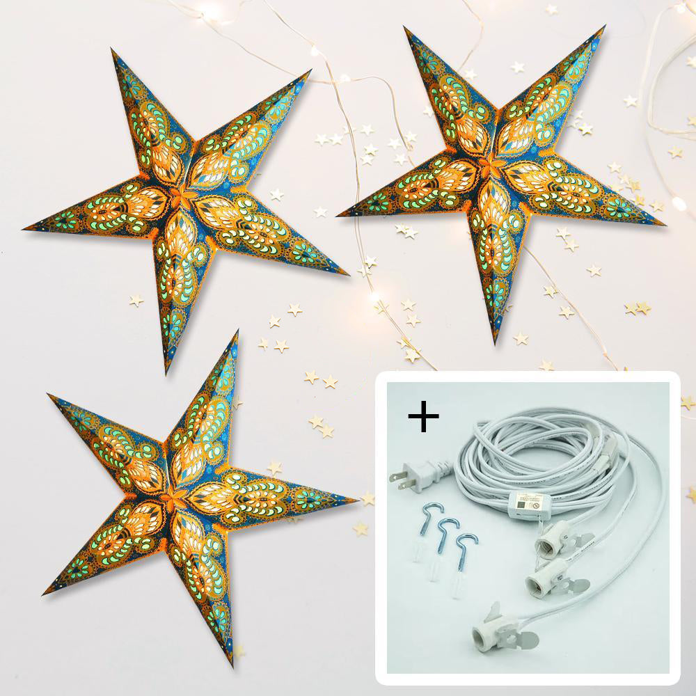 3-PACK + Cord | Turquoise Blue and Yellow Glitter Peacock 24&quot; Illuminated Paper Star Lanterns and Lamp Cord Hanging Decorations - PaperLanternStore.com - Paper Lanterns, Decor, Party Lights &amp; More