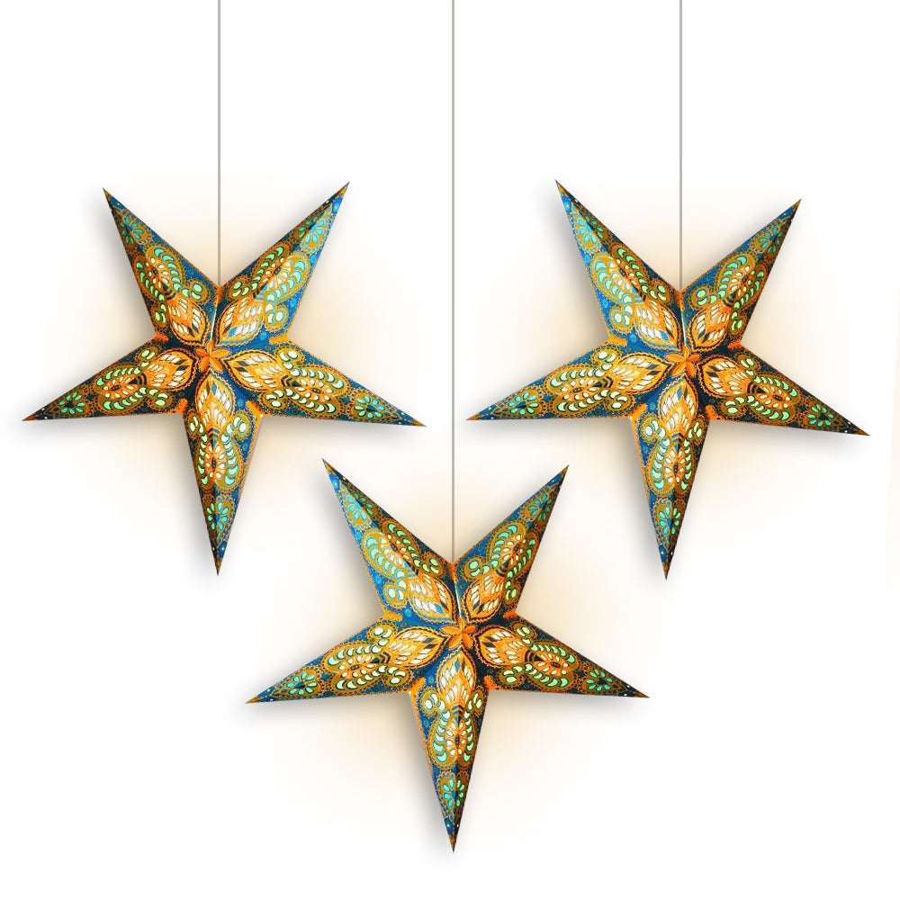 3-PACK + Cord | Turquoise Blue and Yellow Glitter Peacock 24&quot; Illuminated Paper Star Lanterns and Lamp Cord Hanging Decorations - PaperLanternStore.com - Paper Lanterns, Decor, Party Lights &amp; More