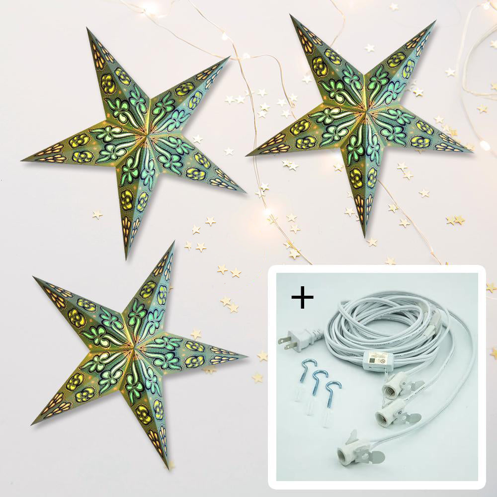 3-PACK + Cord | Green Dahlia 24&quot; Illuminated Paper Star Lanterns and Lamp Cord Hanging Decorations - PaperLanternStore.com - Paper Lanterns, Decor, Party Lights &amp; More