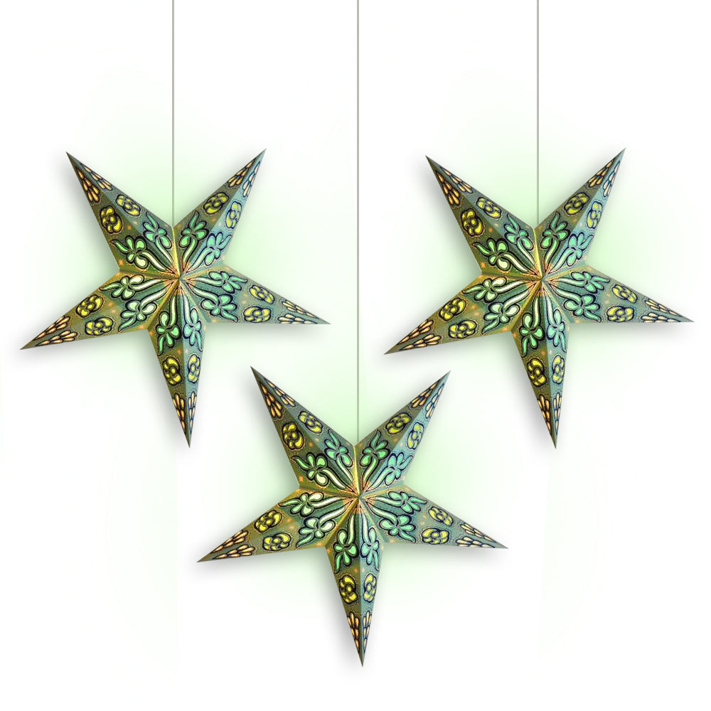 3-PACK + Cord | Green Dahlia 24&quot; Illuminated Paper Star Lanterns and Lamp Cord Hanging Decorations - PaperLanternStore.com - Paper Lanterns, Decor, Party Lights &amp; More