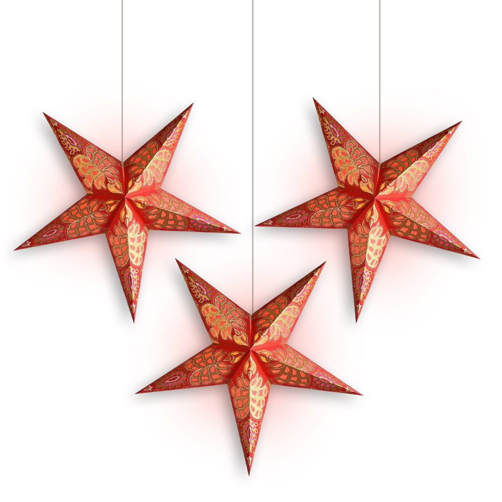 3-PACK + Cord | Red Monarch Glitter 24&quot; Illuminated Paper Star Lanterns and Lamp Cord Hanging Decorations - PaperLanternStore.com - Paper Lanterns, Decor, Party Lights &amp; More