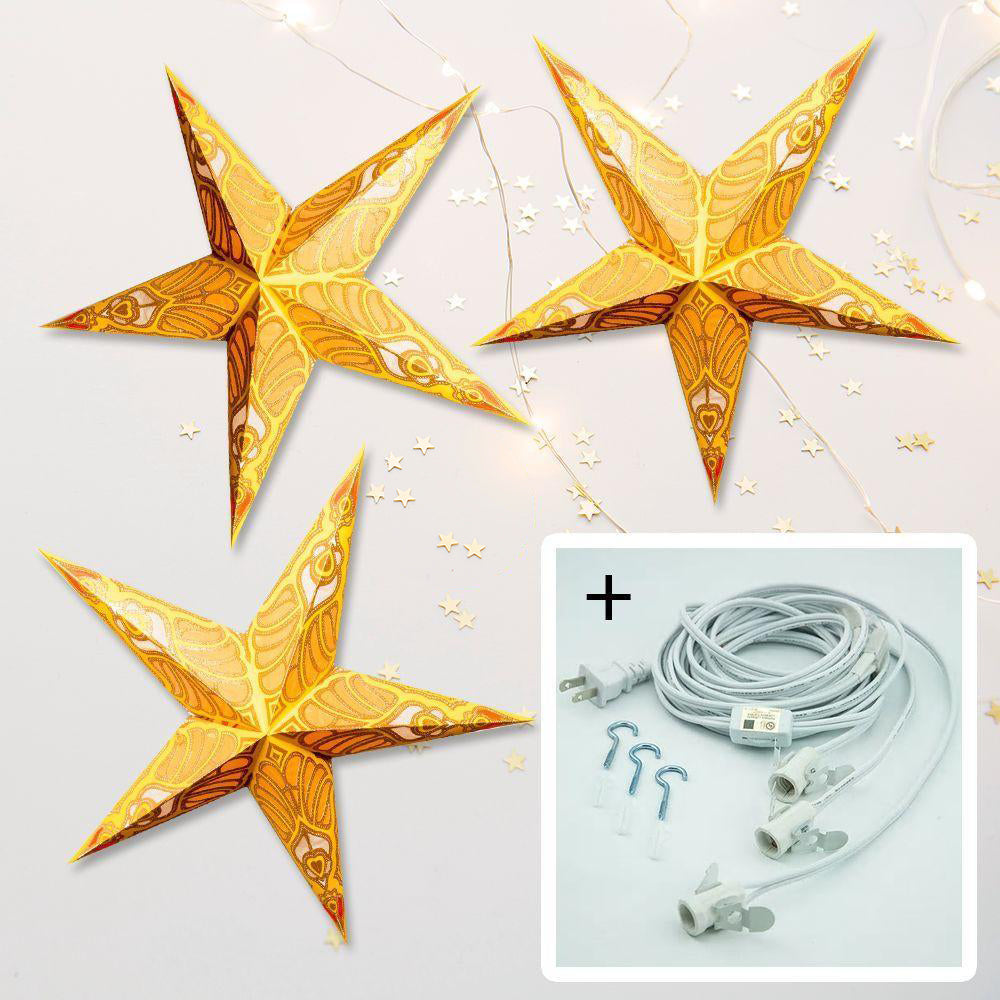 3-PACK + Cord | Yellow Parrot Glitter 24&quot; Illuminated Paper Star Lanterns and Lamp Cord Hanging Decorations - PaperLanternStore.com - Paper Lanterns, Decor, Party Lights &amp; More