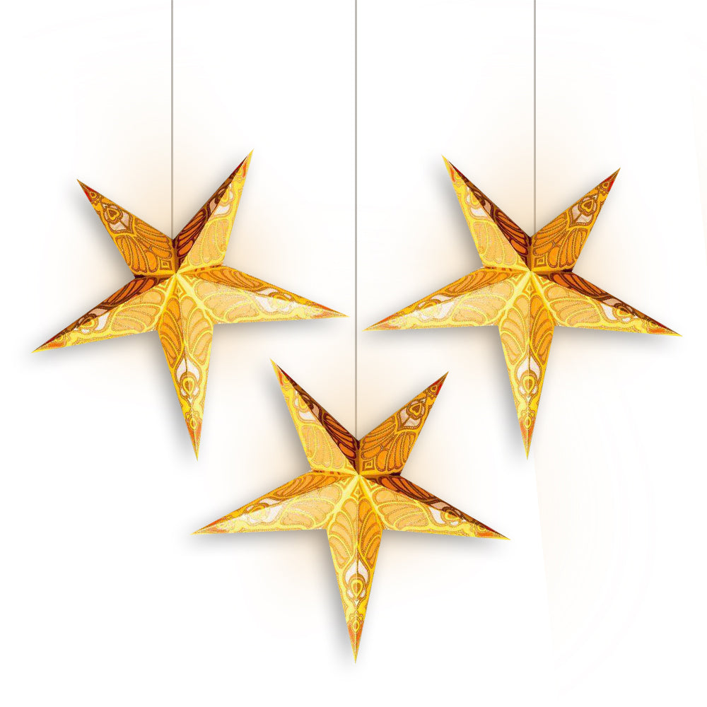 3-PACK + Cord | Yellow Parrot Glitter 24&quot; Illuminated Paper Star Lanterns and Lamp Cord Hanging Decorations - PaperLanternStore.com - Paper Lanterns, Decor, Party Lights &amp; More