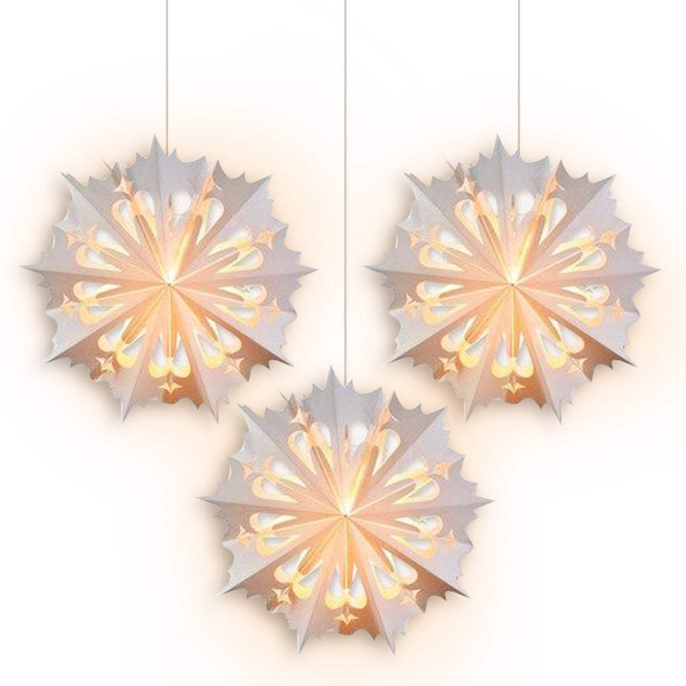 3-PACK + Cord | White Angelo 20&quot; Pizzelle Designer Illuminated Paper Star Lanterns and Lamp Cord Hanging Decorations - PaperLanternStore.com - Paper Lanterns, Decor, Party Lights &amp; More