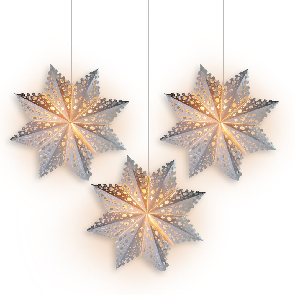 3-PACK + Cord | White Solstice 24&quot; Pizzelle Designer Illuminated Paper Star Lanterns and Lamp Cord Hanging Decorations - PaperLanternStore.com - Paper Lanterns, Decor, Party Lights &amp; More