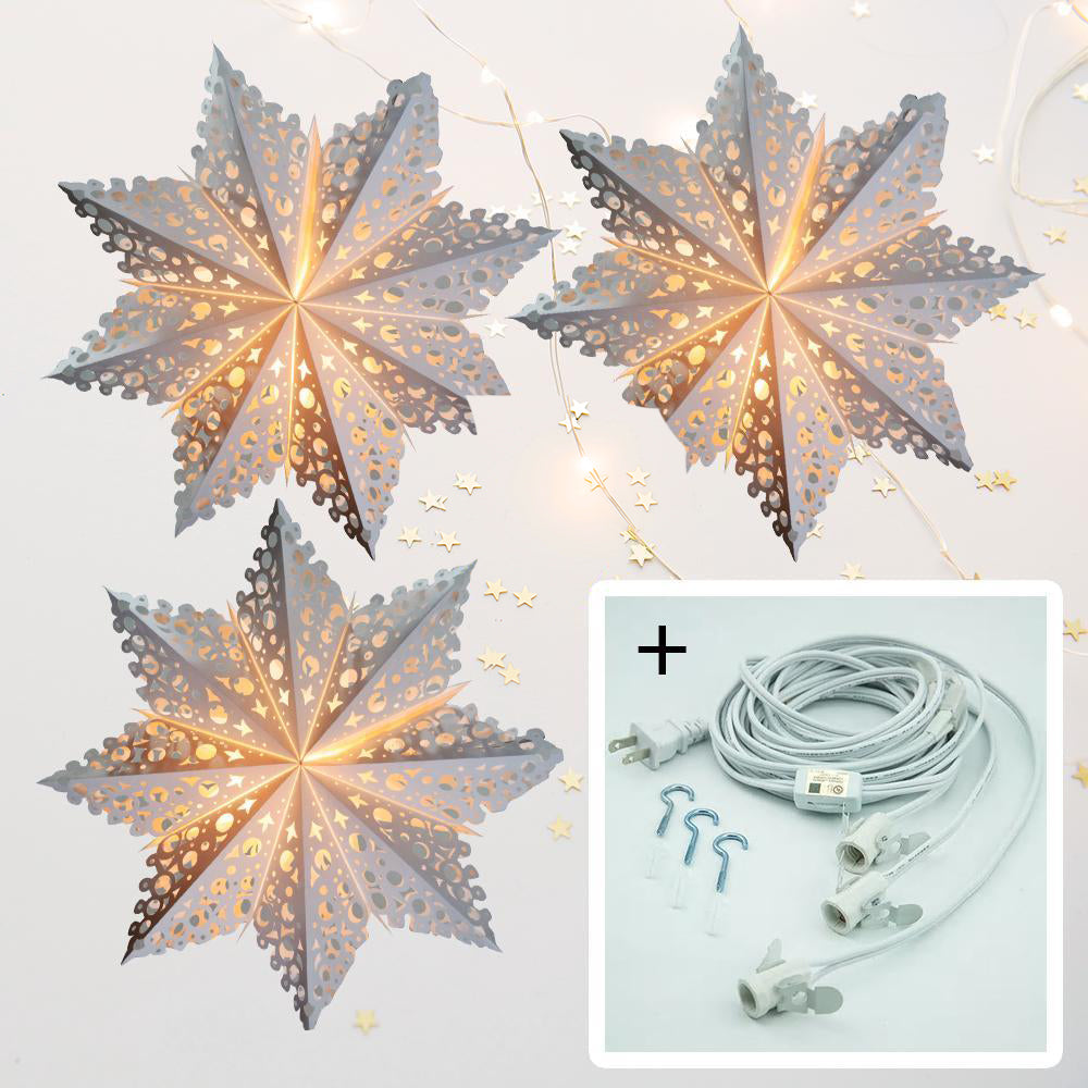 3-PACK + Cord | White Solstice 24" Pizzelle Designer Illuminated Paper Star Lanterns and Lamp Cord Hanging Decorations - PaperLanternStore.com - Paper Lanterns, Decor, Party Lights & More